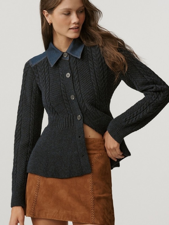Pilcro Sweaters - Pilcro Navy Cable-Knit Button Cardigan with Contrast Collar